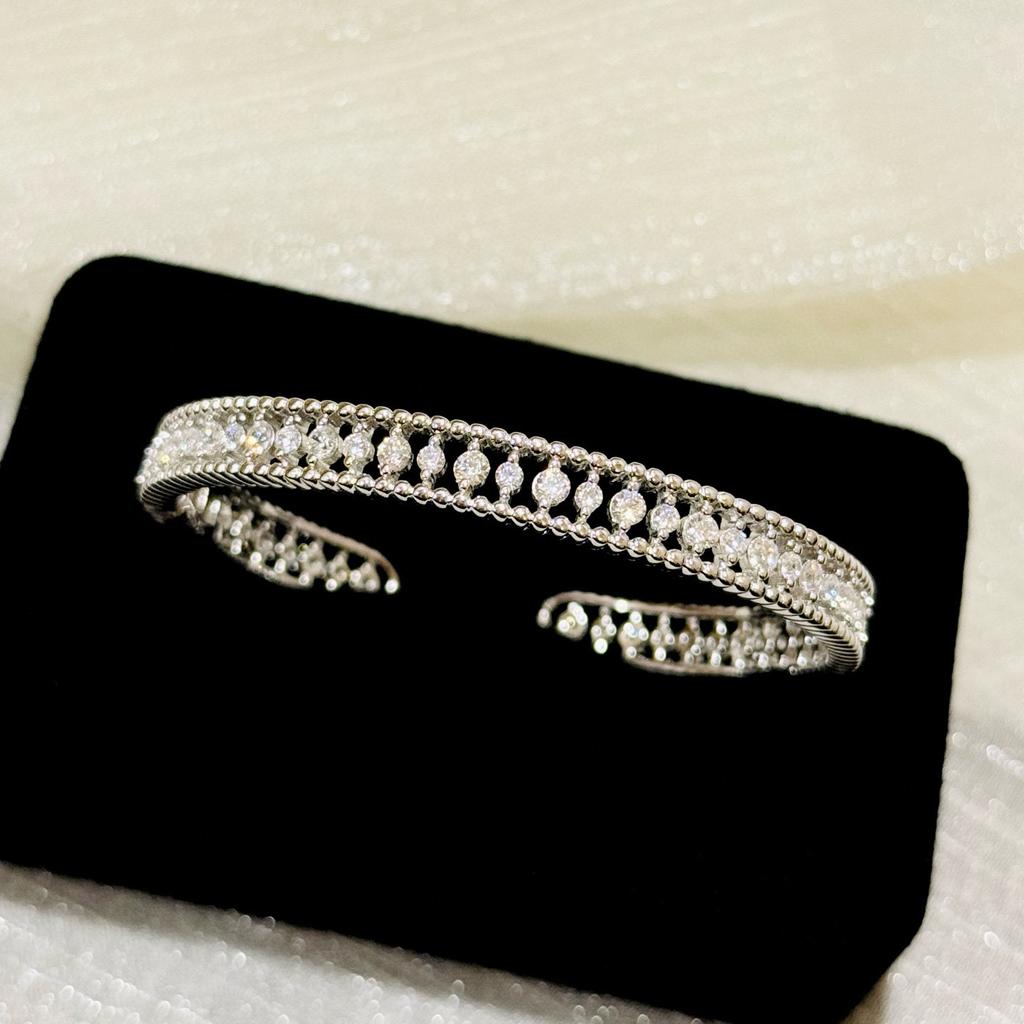 New Vintage 100% Pure 925 Sterling Silver Bangle Pave Aaa Zircconia Hollow-out Beaded Edge Bracelet For Women Fine Jewelry
