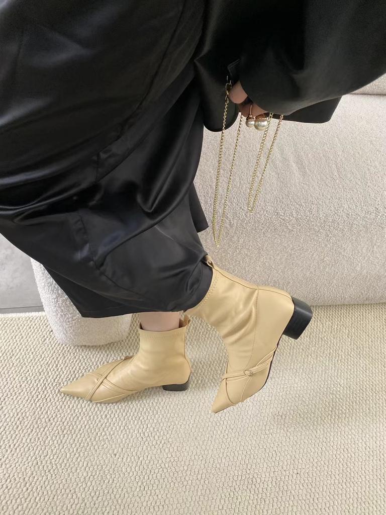 Модные женские ботильоны с острым носком, черные, бежевые, с узким ремешком, на плоской подошве, на среднем каблуке, туфли-лодочки для вечеринок, эластичные туфли для женщин, 2024, новые поступления, вечеринка