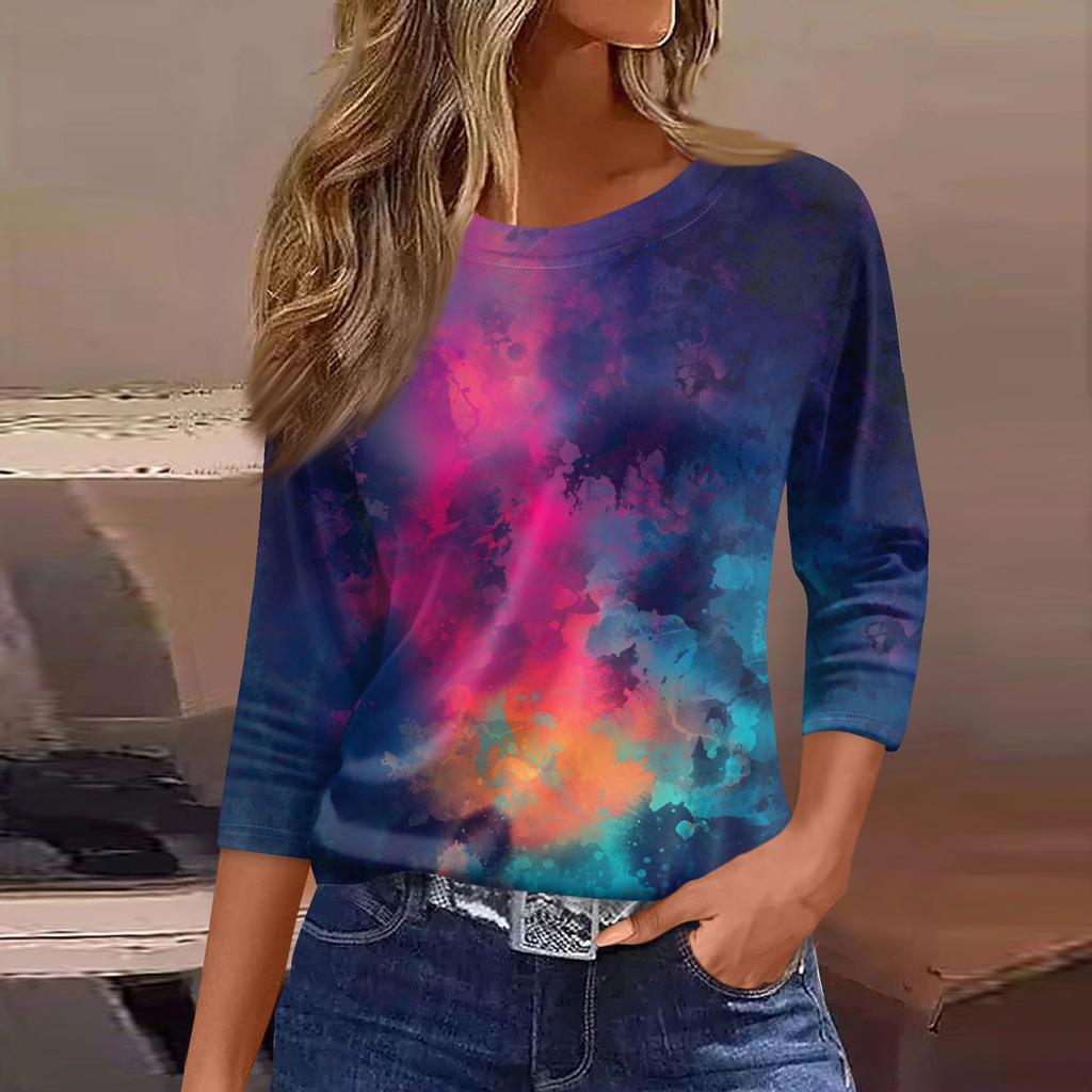 Женская Модная Повседневная Круглый Вырез 3/4 Рукава Свободная С Принтом Футболка Женский Топ