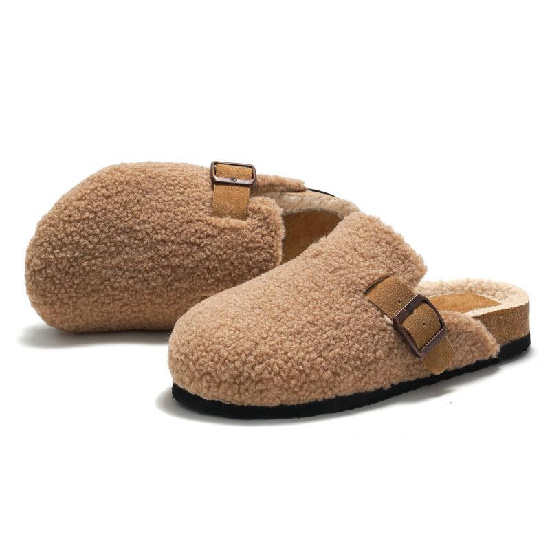 Foot Winter Women's Cork Cotton Shoes One Pedal Women's Beach Plush Student Suede Shoes Warm Cowhide Plush KWN