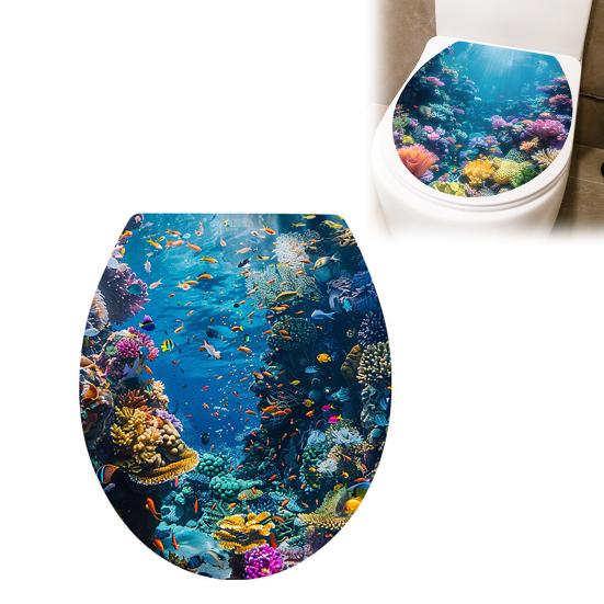 Non Fading Home Bathroom Ornaments Sea World Toilet Sticker, Easy Peel & Stick Seat Lid Washable Bowl Decorations Decal, Ocean Landscape Wall Stickers