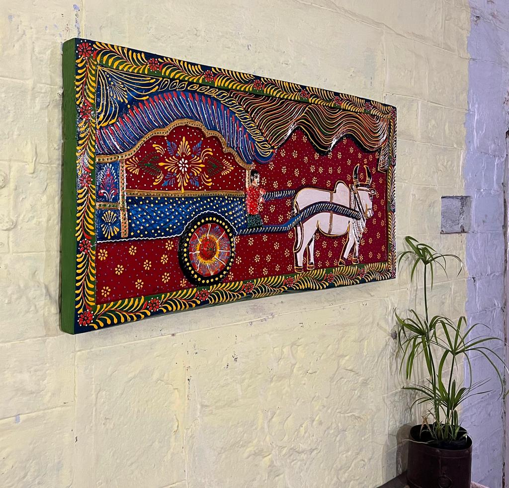 Vintage Hand-Painted Wooden Bullock Cart Panel: Traditional Wall Art
