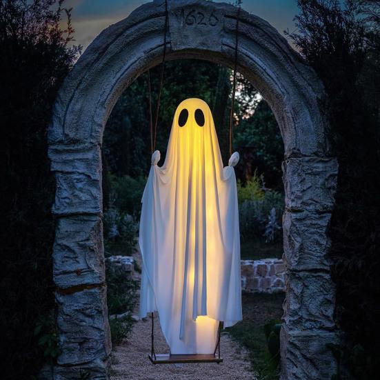 Halloween Decoration Outdoor Swing Ghost Ornament with LED Lights Adjustable Hanging Spooky Ghost Decor