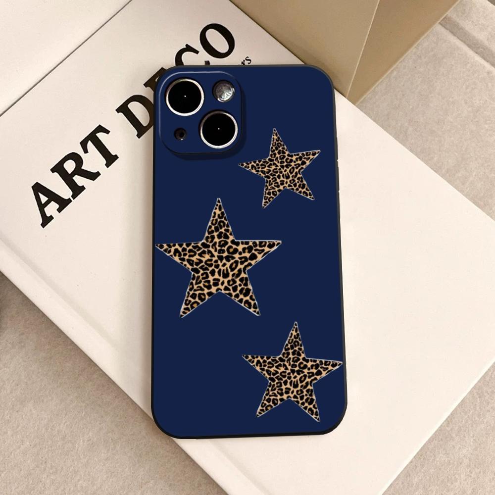 Leopard Print Cherry Star Phone Case FOR IPhone 15 pro max 14 11 12 Pro 15 16 Plus 13 Pro MAX XR XS Black Soft Covers
