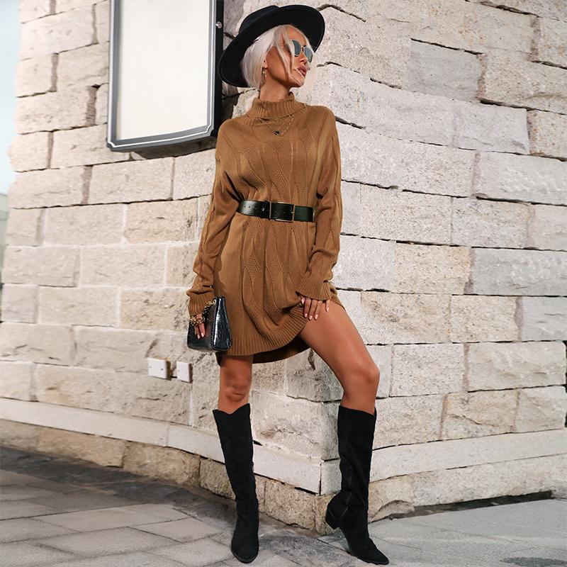 YYFS Женская мода, повседневный однотонный принт, осень-зима, свитера с длинным рукавом и высоким воротом, платья