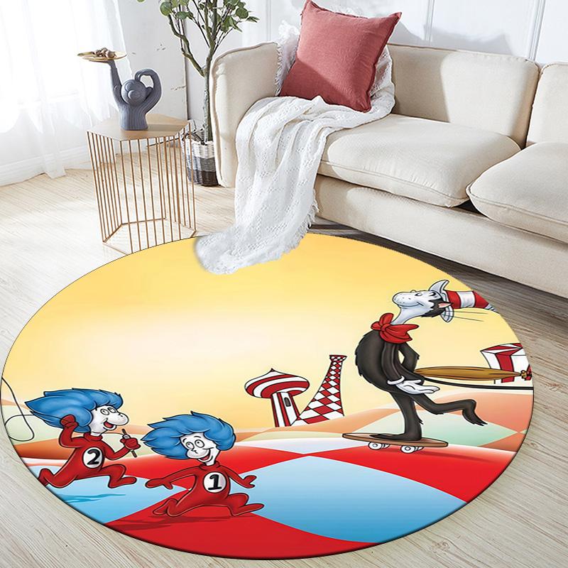 The Cat in the Hat Round Area Rug,Carpet Rug for Living Room Bedroom Sofa Playroom Decor,Non-slip Floor Mat