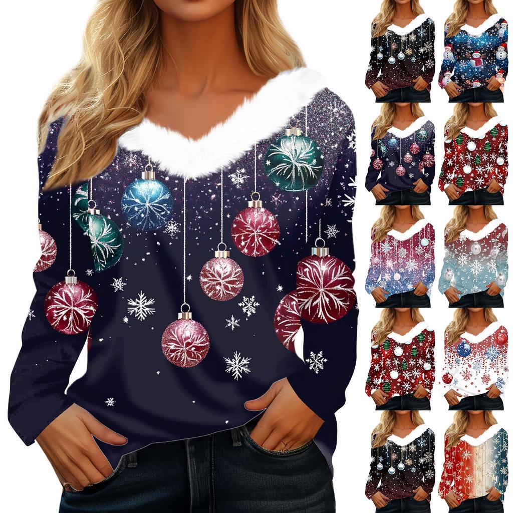 Женский длинный рукав рождественский принт вечеринка плюшевый воротник широкий повседневный V-образный вырез топ
