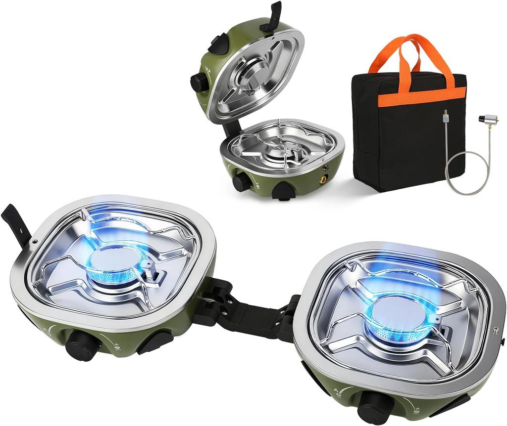 Пропановая походная плита 20 000 БТЕ - 2-конфорочная портативная газовая плита с регулируемым пламенем, пьезоподжигом, сумкой для переноски и шлангом, складная