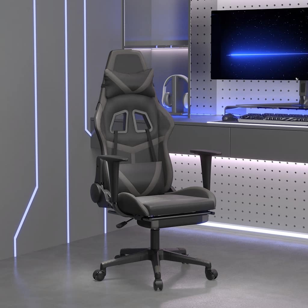 Gaming Chair with Massage & Footrest Black & Gray Faux Leather