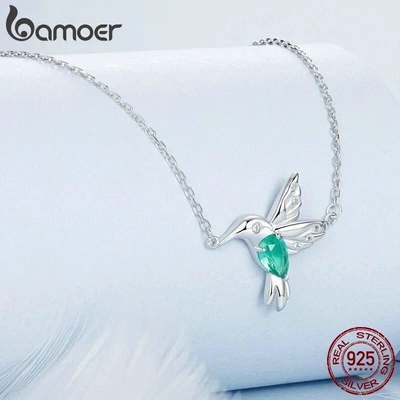Bamoer 925 Sterling Silver White Gold Plated Hummingbird Necklace Bird Pendant Neck Chain for Women Party Fine Jewelry Gift