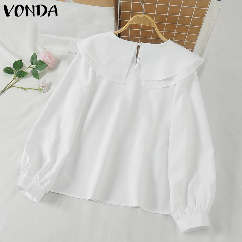 VONDA Женские многослойные однотонные блузки с круглым вырезом и длинным рукавом