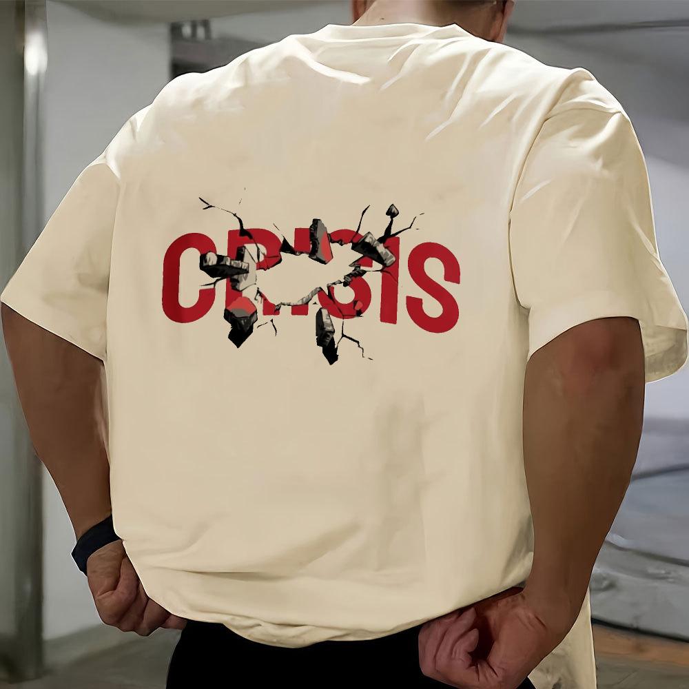 CRISIS Shattered Crack Text Graphic Cotton Short Sleeve Tee, Loose Cool Trendy Daily Street Tsh