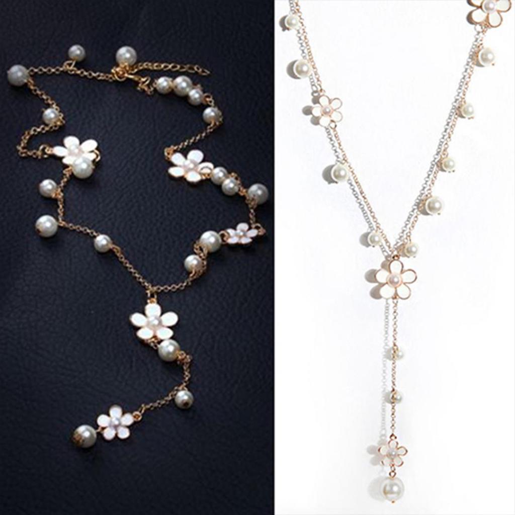 Women's Fashion Korean Style Faux Pearl Flowers Long Necklace Sweater Chain AVE