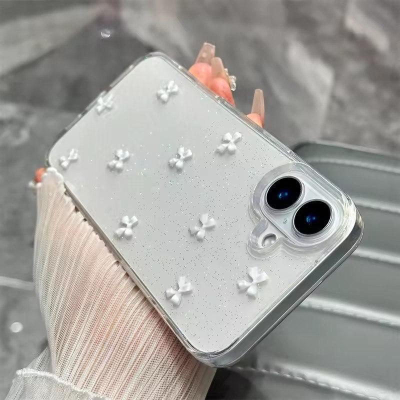 Милый 3D-чехол с блестками в виде банта для iPhone 16 15 14 13 12 11 Pro Max Plus MiNi 2025 Korean Girl Soft Cover Epoxy Clear Shell