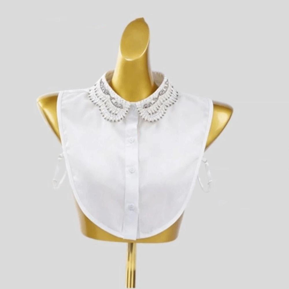 Rhinestones Shiny Fake Collar White Color Elegant Detachable Collar Handmade Beads Lace Design Blouse Collar Women Apparel
