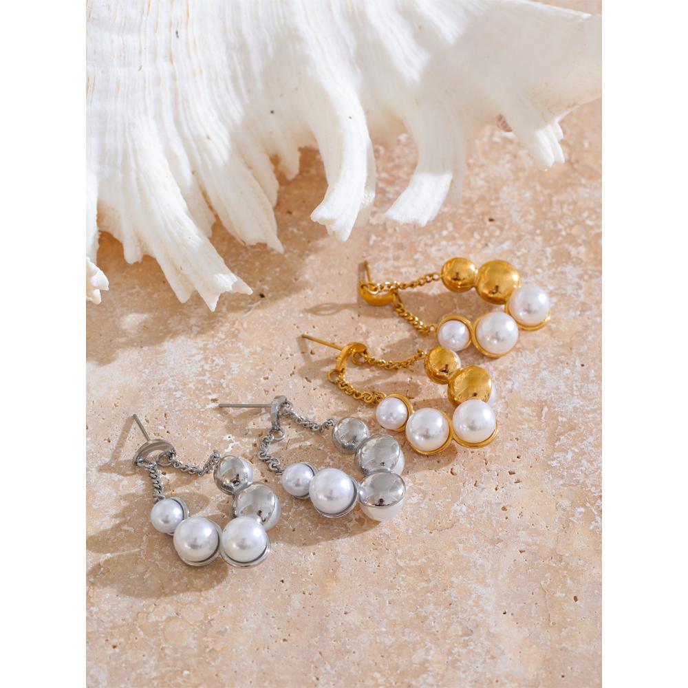Yhpup Elegant Imitation Pearls Geometric Chain Drop Earrings for Women Stainless Steel Exquisite Daily Jewelry Bijoux Gift