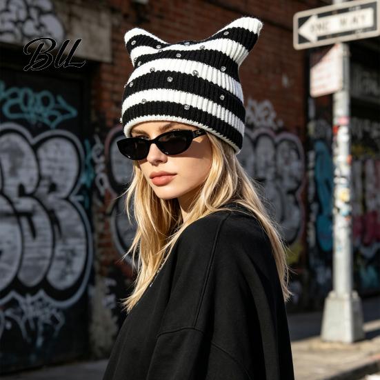 Soft Acrylic Warm Hat Cat Ear for Women Girls, Striped Slouchy Crochet Headgear Fashionable Streetwear Headwear with Shiny Rhinestones, Cute