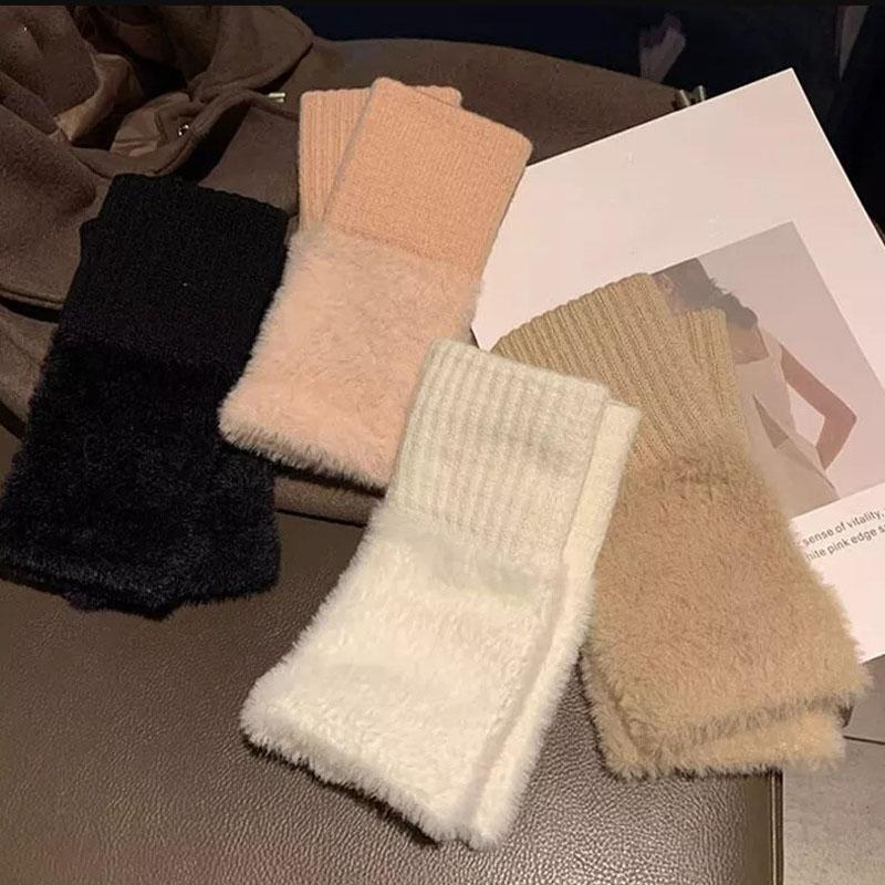 1 пара женских зимних пушистых полупальцевых перчаток без пальцев, теплые вязаные варежки