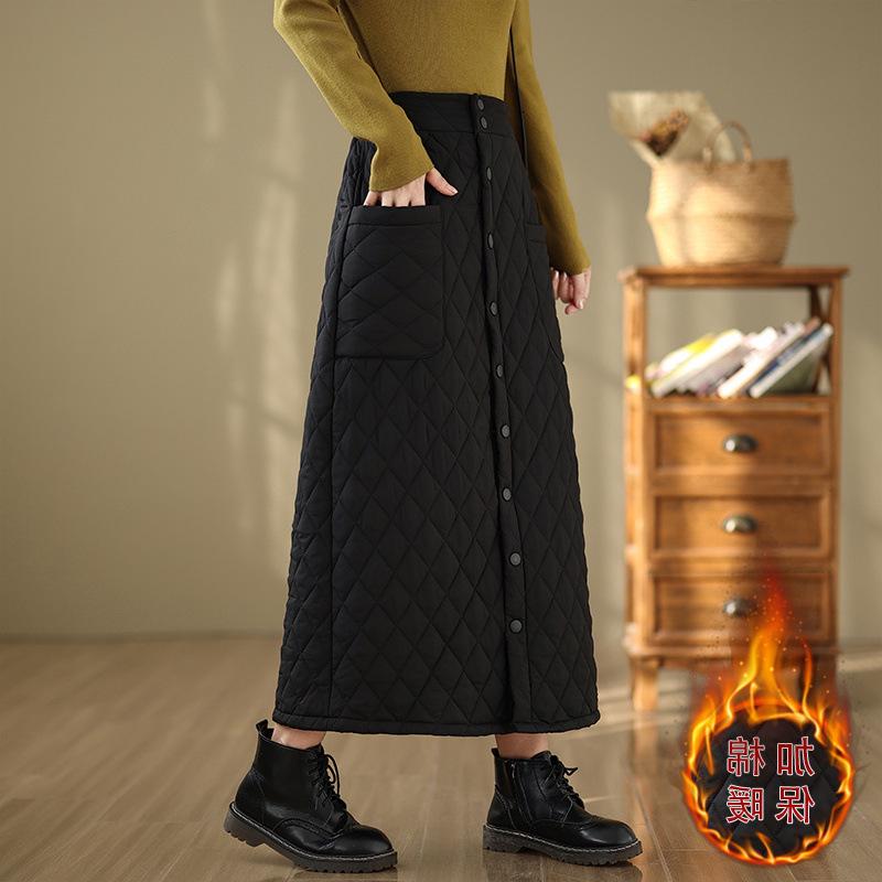 Женская юбка А-силуэта с завышенной талией, очень длинная, ветрозащитная, на пуху, из хлопка - Утепленная, на пуговицах, большого размера, зимний стиль