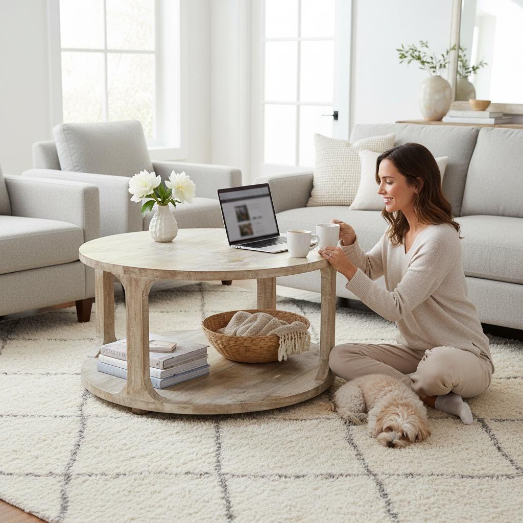 Wooden Coffee Table with Storage Shelf Handmade Round Center Table for Living Room, Indian Nightstand Tea Table, Side Table, Low Table