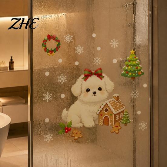 Easy Apply Window Paster Cute Dog Christmas Static Stickers, Waterproof PVC Holiday Decals for Home Decorative Scenes Store Glass, Removable
