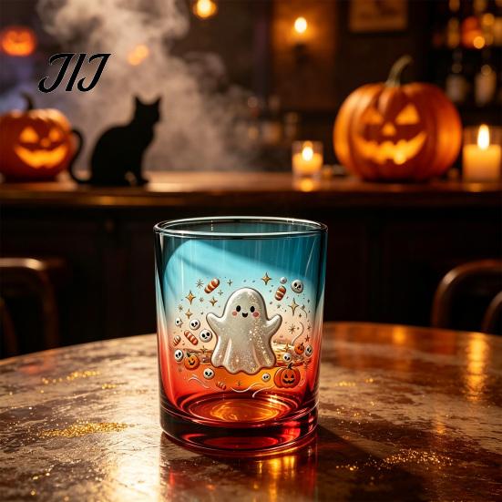 Cute Ghost Drinking Glasses Halloween Glass Cup, Colorful Gradient Aesthetic Tumbler with Whiskey Juice Soda Pumpkin Skull Print, Spooky Party