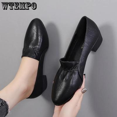 Черные кожаные туфли с складным дизайном, женские рабочие туфли с круглым носком на мягкой подошве и среднем каблуке, удобная легкая легкая обувь