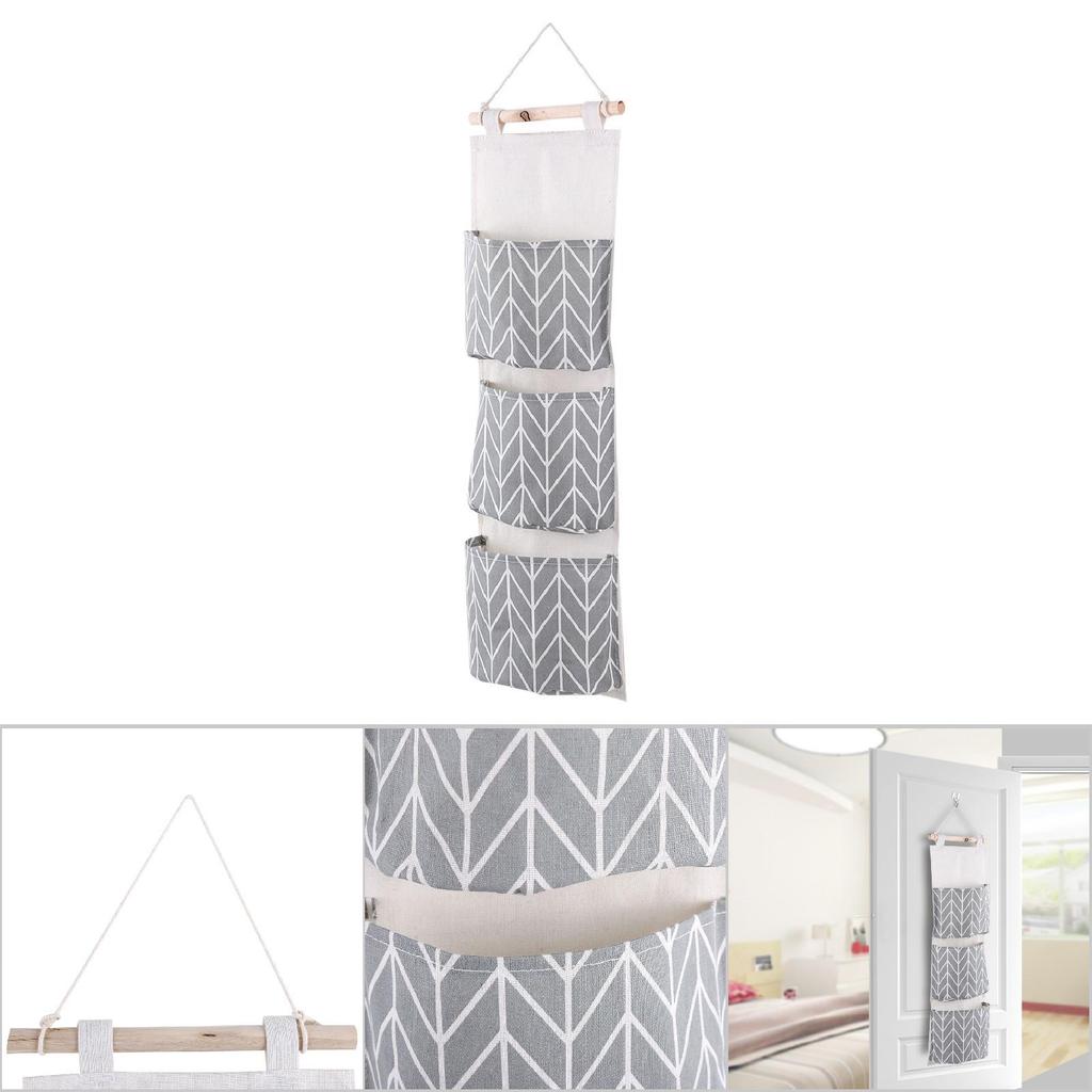 3 Pockets Cotton Linen Wall Hanging Storage Bag Door Pouch Bedroom Home Office Organizer Gray