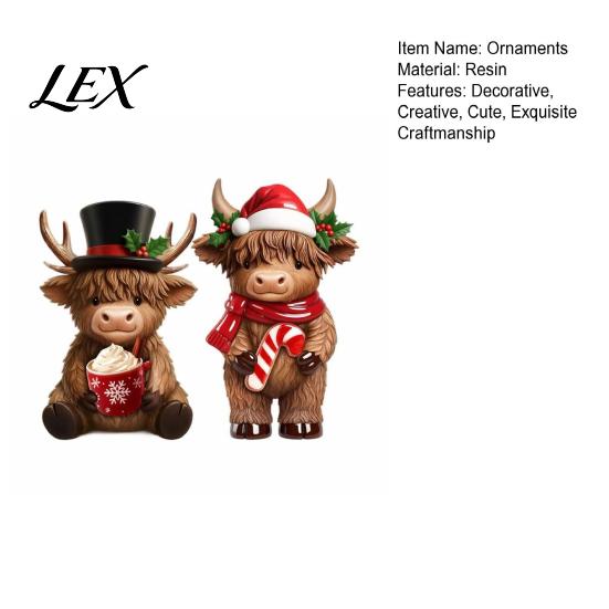 Festive Calf Figurine for Table 2Pcs Christmas Highland Cow Figurines, Resin Santa Reindeer Cow, with Hat, Decorative Cattle Statue Hot Cocoa,