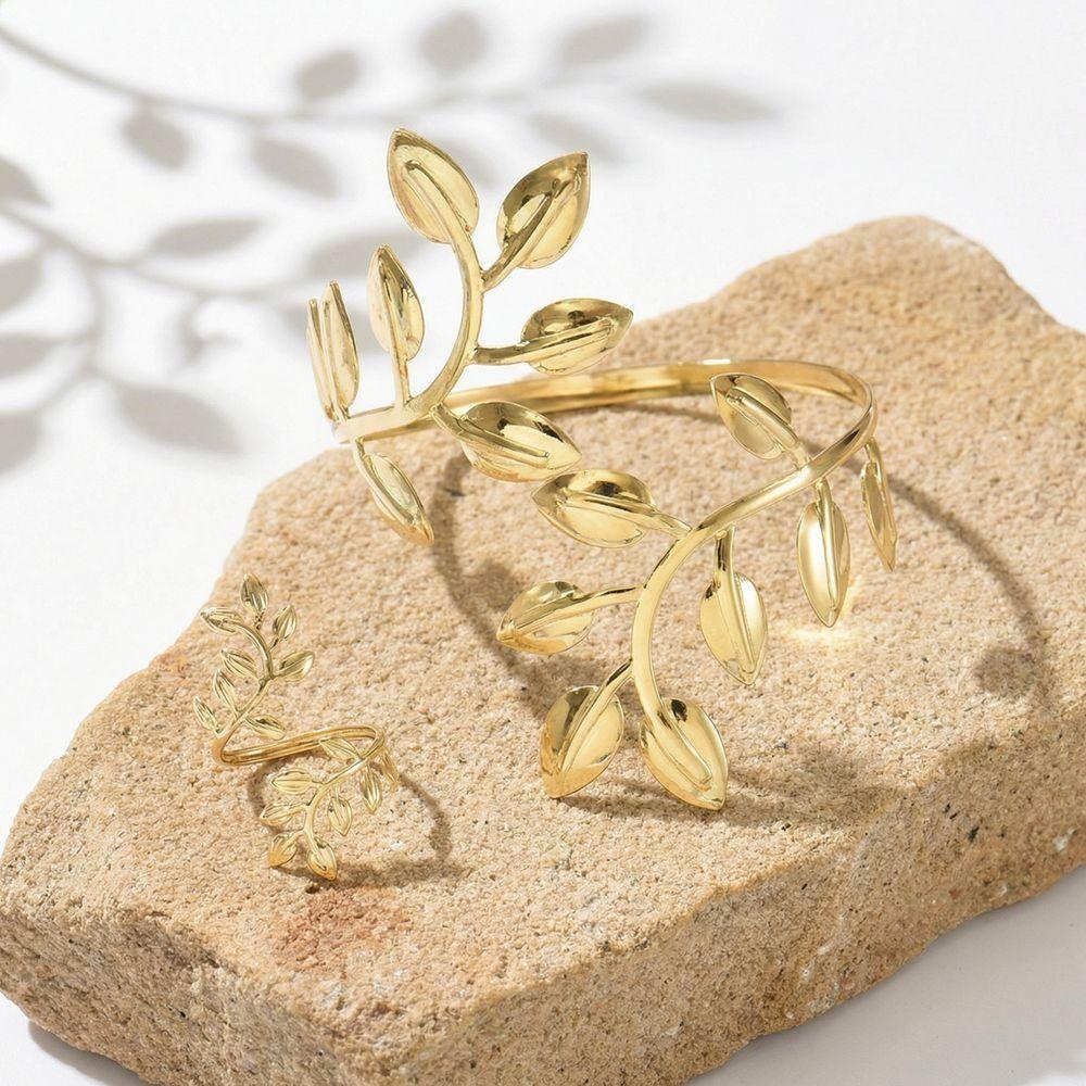 Elegant Leaf Upper Arm Cuff Open Jewelry Set New Armband Ring Set  Women