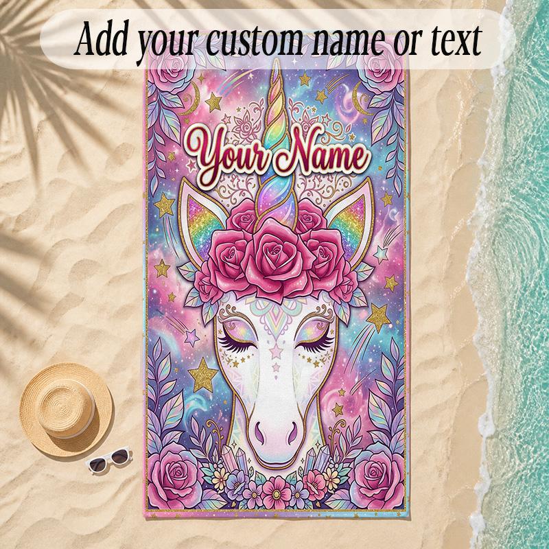 Unicorn Theme Soft Beach Towel Personalized Custom Name Text Towel Portable for Beach Pool Travel