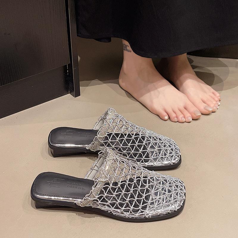 Баотоу полутапочки женские для улицы 2025 лето новые нишевые сетчатые полые тапочки дышащие на низком каблуке обувь-рыболовная сеть