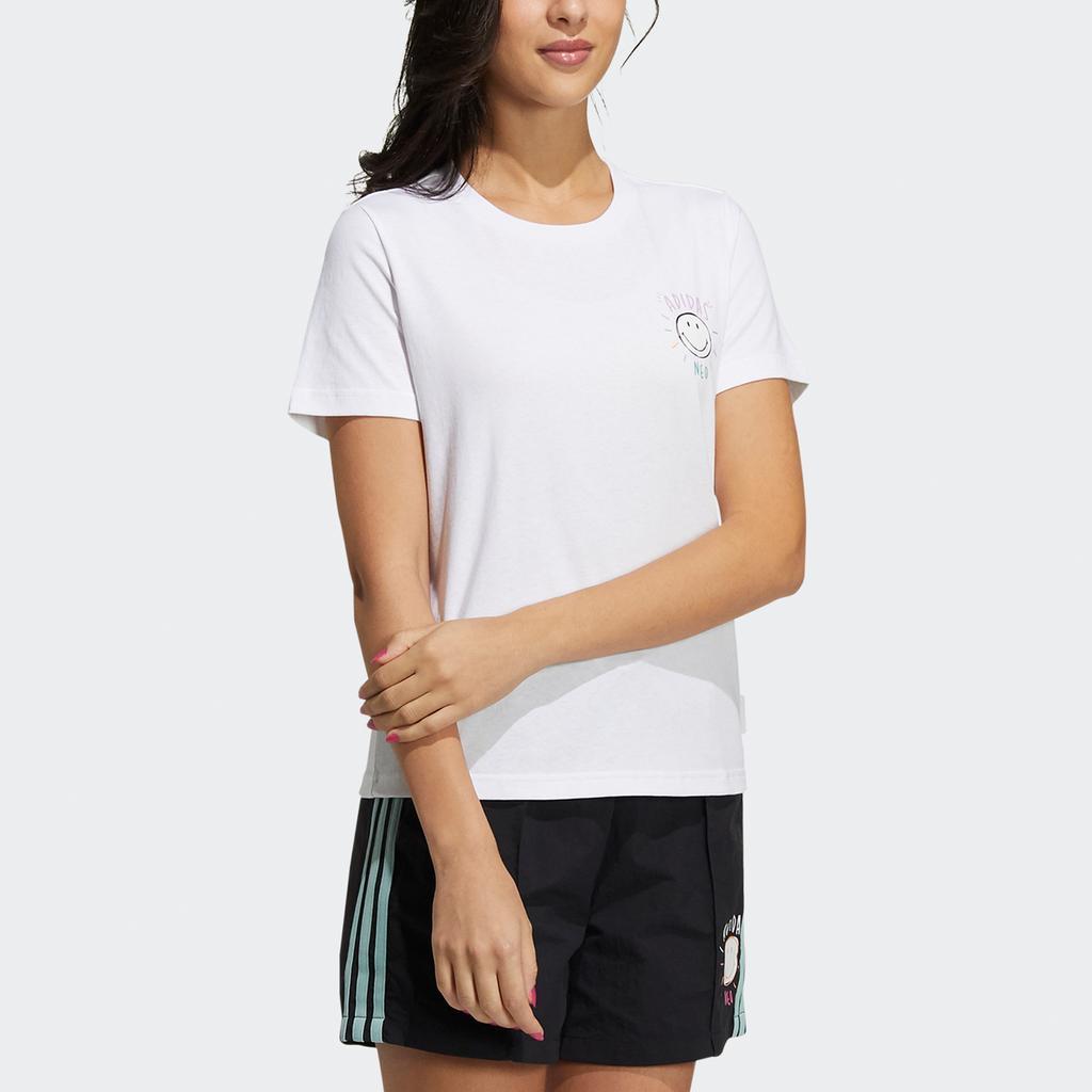 Adidas Спортивная трикотажная футболка с принтом Neo Smiley, женские топы, белая, GP5784