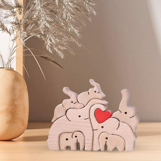 Wooden Elephant Family Puzzle Ornament Love Heart Mother Father Baby Elephant Jigsaw Table Sign Home Office Desktop Decoration