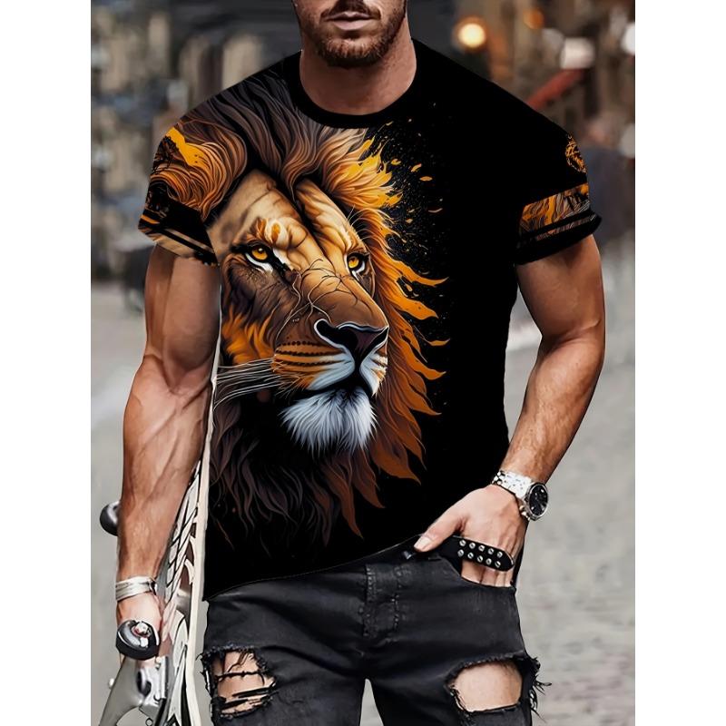 Men's Majestic Lion Printed T-Shirt Casual Short Sleeve Crewneck Top Cool Orange Splash Animal Graphic Tee Hip Hop Style Streetwear Fashion Clothing