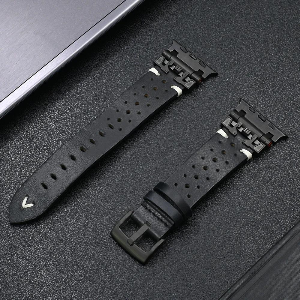 Кожаный мужской ремешок для Apple Watch 10 46 мм Ultra 2 49 мм Браслет с разъемом из нержавеющей стали для Iwatch 9 8 7 6 5 Se 44 мм 45 мм Ремешок