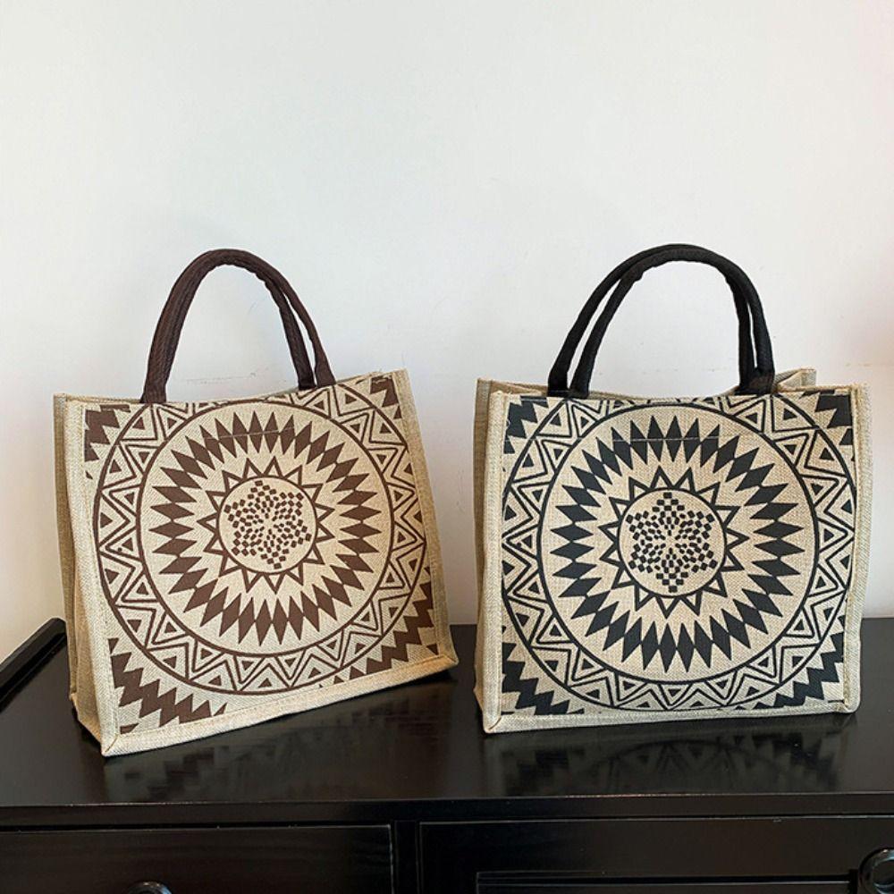 Tote Bag Ethnic Style Handbag Canvas Embroidery Shoulder Bag Geometric Cloth Bag Storage Bag