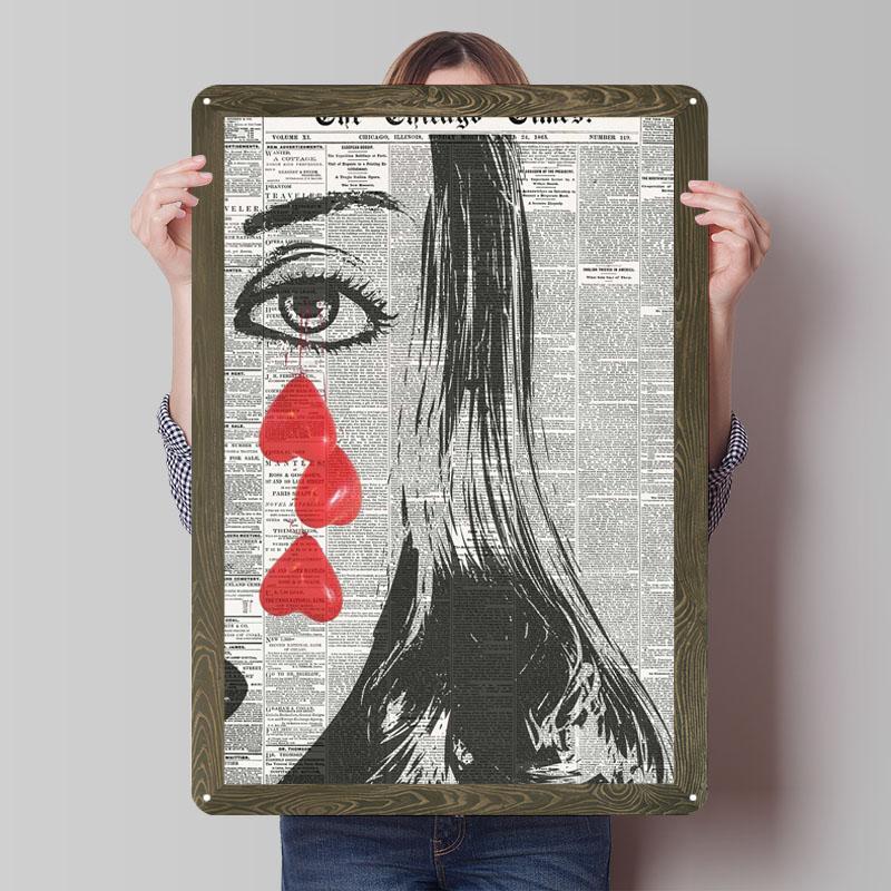 Woman Crying Hearts Newspaper Tinplate Signs Vintage Poster Things for Room Design Custom Metal Sign for Wall Art Decoration