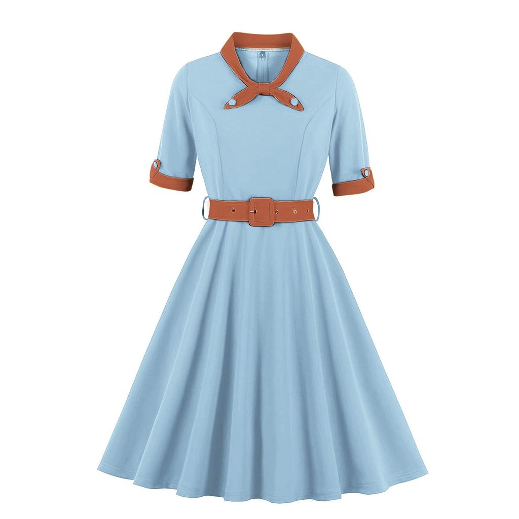 Женское платье в стиле ретро с V-образным вырезом, приталенного силуэта, с короткими рукавами и большой юбкой-клёш