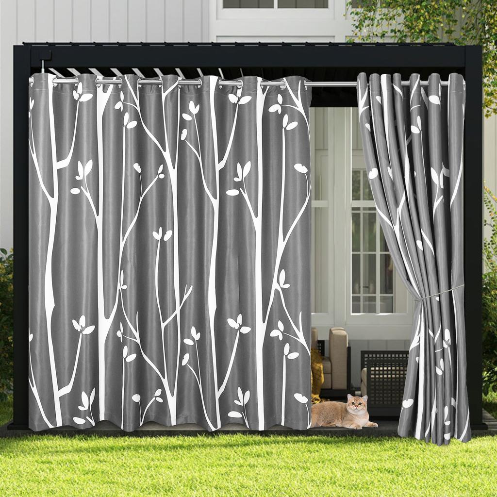 Outdoor Patio Waterproof Curtain Printed Tree Branch Windproof Blackout Drapes Heat Insulating Rod Pocket Voile Sheer Curtains