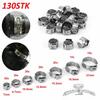 130Pcs 7 Size 304 Stainless Steel Single Ear Hose Clamps 6-21mm Crimp Hose Clamp Assortment Kit Crimp Pinch Fitting Tools