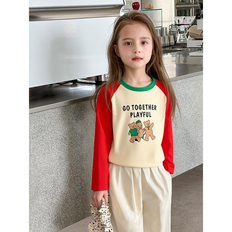 Brand Export Children's Clothing Autumn 2025 New Style Bear Casual Pure Cotton Base Shirt Girls Long-Sleeve T-Shirt Cartoon Print
