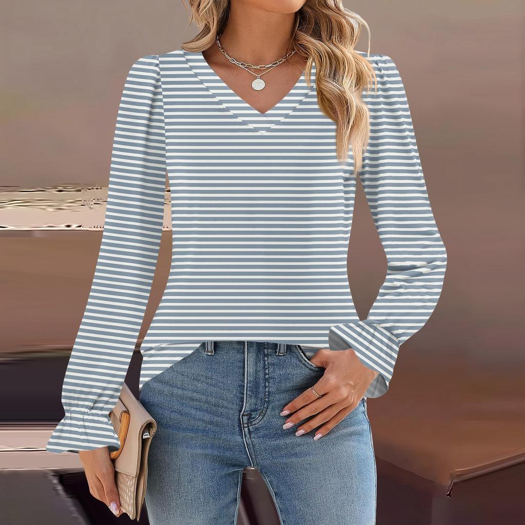 Женский повседневный топ с длинными рукавами и полосатым принтом, с v-образным вырезом
