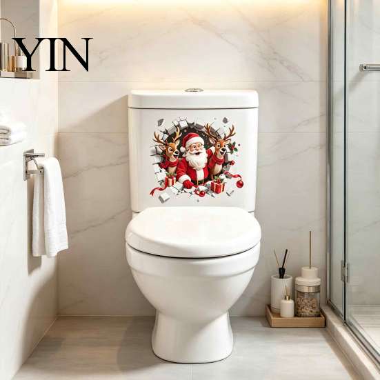 Waterproof Christmas Decals 3D Break Through Wall Santa Reindeer Toilet Sticker, Self-Adhesive Bathroom Accessories Decal, Lid Decor for Home