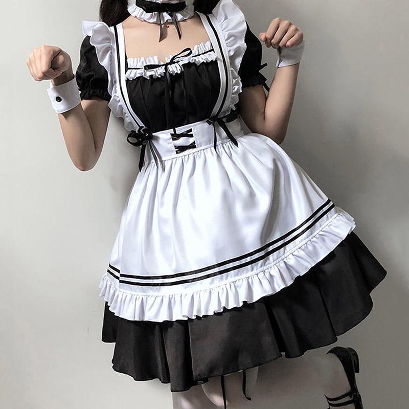 Black Cute Lolita Maid Costumes Girls Women Lovely Maid Cosplay Costume Dress