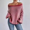 Versatile Knitted Top One-Row Neck Lace-Up Style Sweater Loose Fit Striped Lantern Sleeve Tops
