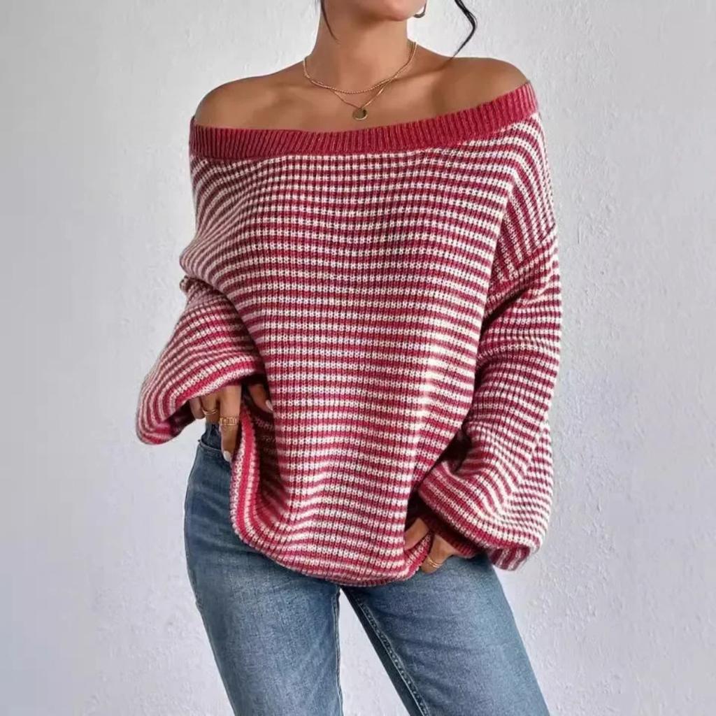 Versatile Knitted Top One-Row Neck Lace-Up Style Sweater Loose Fit Striped Lantern Sleeve Tops