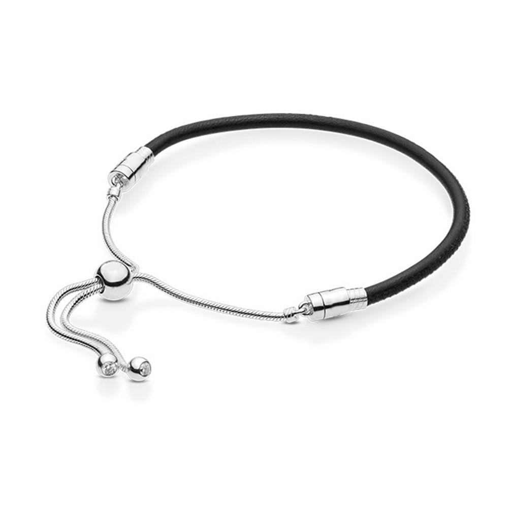 S925 стерлингового серебра момент черный кожаный браслет слайдер для женщин новогодний подарок на вечеринку модные ювелирные изделия