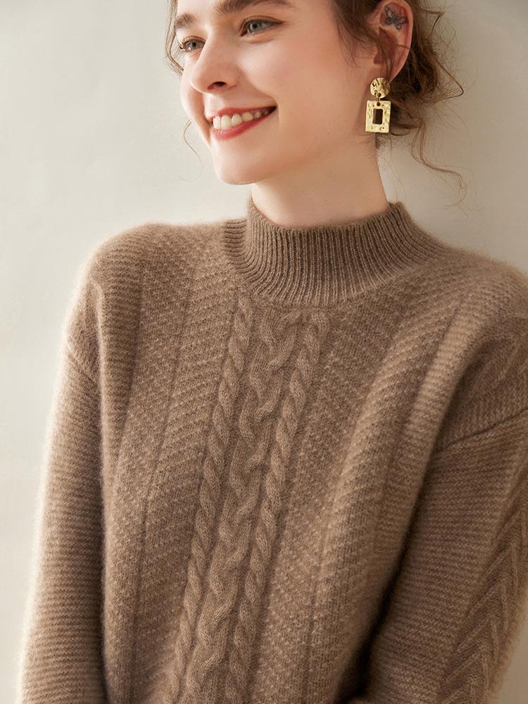 Women's Soft Cashmere Cable Knitwear - Semi-High Neck, Thickened for Autumn/Winter, Can Be Worn Alone or as a Commuting Base Layer