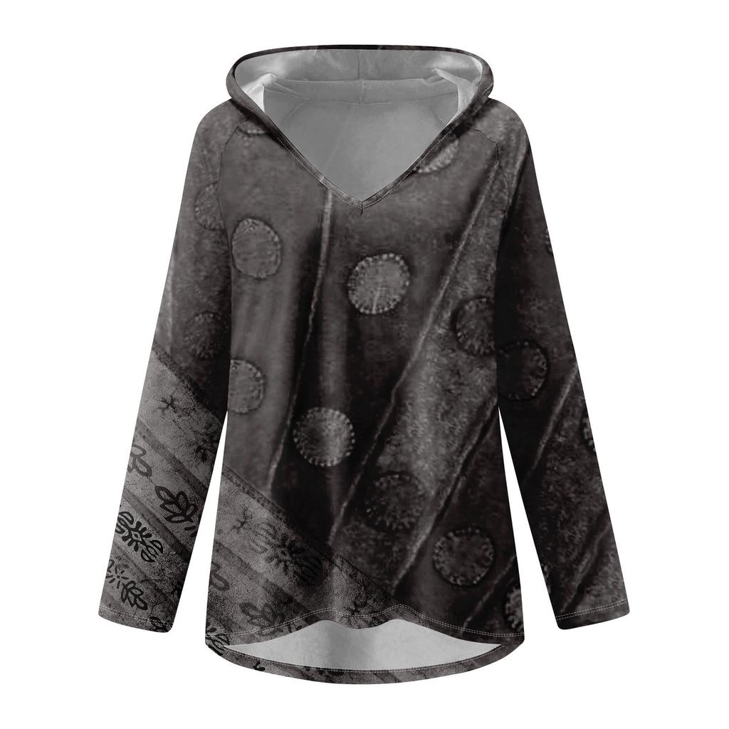 Women's V-neck Hooded Loose Long-sleeved Tops Casual Tops Home Leisure Pajamas Tops